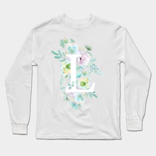 Botanical alphabet L green and purple flowers Long Sleeve T-Shirt